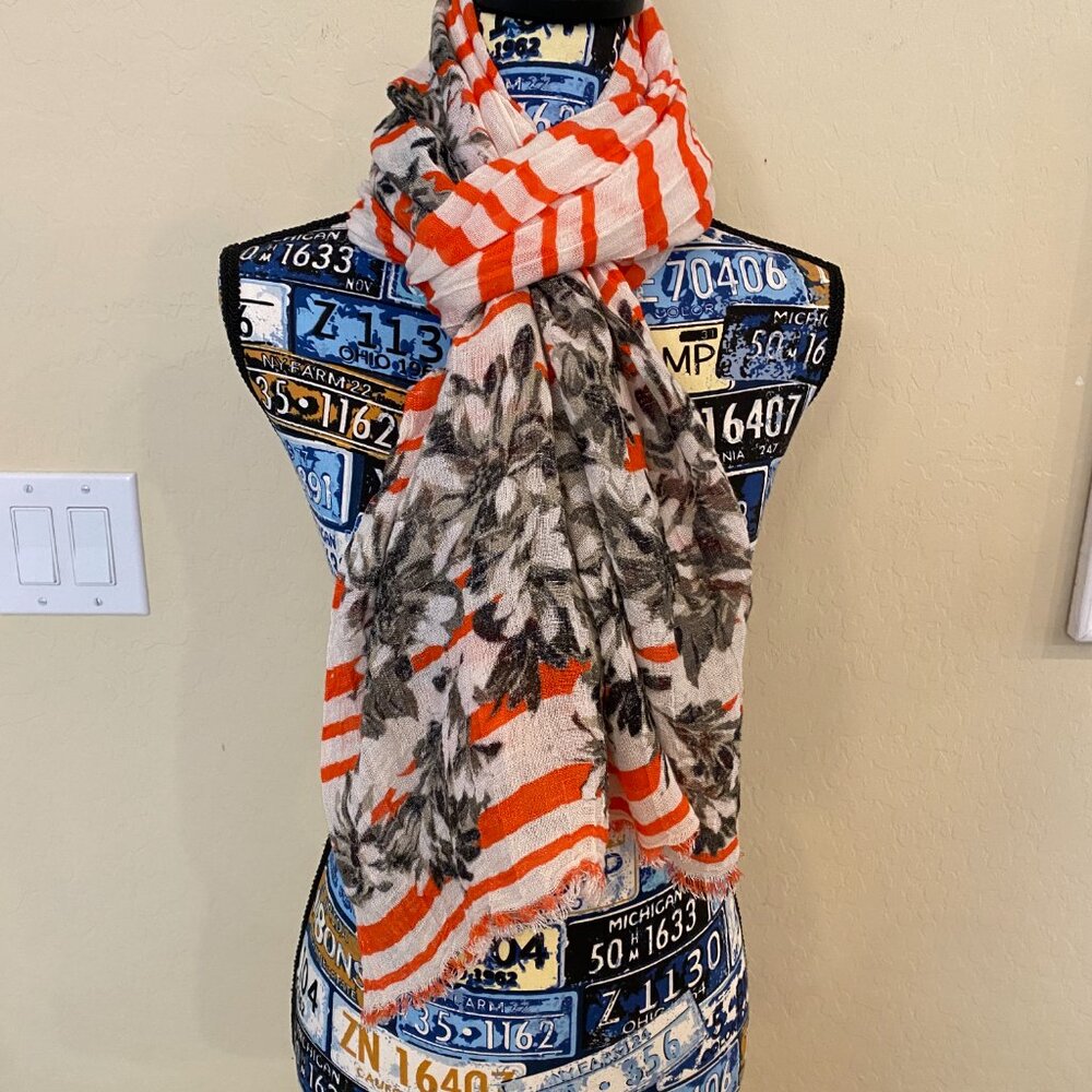 J Crew Scarf 50% Linen, 50% Viscose, Orange Black, White Stripes/Floral raw edge